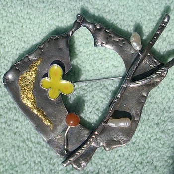 Sterling & gold modernist brooch pin signed in script 925 Lou NY ? Tonny ?