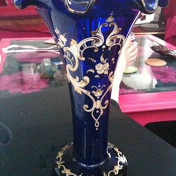 Victorian Blue Glass fine Enamelled Flute Vase - Art Glass