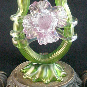 Bohemian Kralik Iridescent Green & Pink Floriform Art Glass Vase