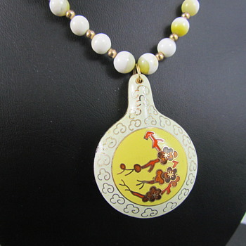 Porcelain Guilloche & Enamel Necklace w/ Glass & Gold Beads - Costume Jewelry