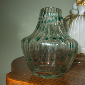 Any Ideas on this Crystal Ribbed Vase with Green Trailings - Art Glass