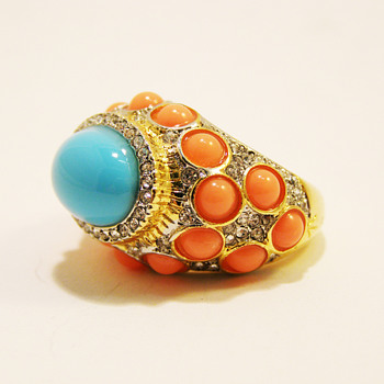 Vintage Kenneth Jay Lane Turquoise and Coral Cabochon with Rhinestone Ring