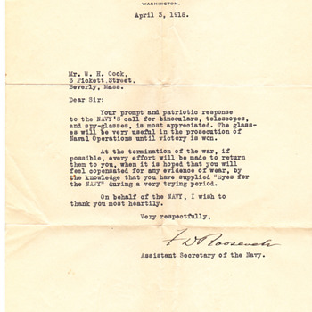 Eyes for the Navy 2 letters FRD original Signiture on 1 letter - Military and Wartime