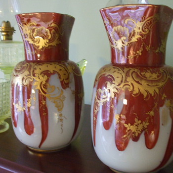 Matching Pair of HARRACH Red Agate & Opal Glass with Aventurine VASES - Art Glass