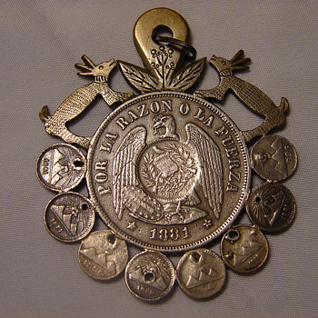 Handmade Art Piece Silver Coin Pendant Chile 1 Peso Surrounded by Smaller Coins - Costume Jewelry