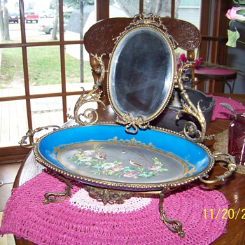 brass ornate mirror with painted tray  from worlds fair