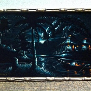 Vintage Stretched Black Velvet Cloth Oil painting SIGNED - Visual Art