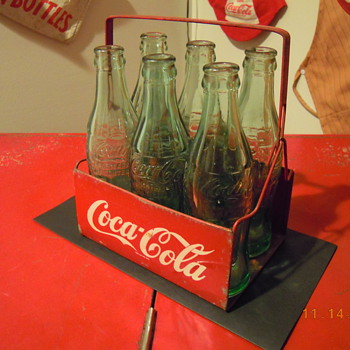 Late 1940's Coca-Cola Six Bottle Carrier, Metal w/Wire Handle - Coca-Cola