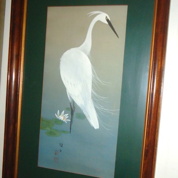 Repost Japanese scroll silk painting of Crane now framed!!! - Asian