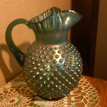 Stunning Large Fenton Spurce Green Carnival Hobnail Pitcher - Glassware