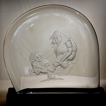 Engraved Glass block/sculpture with "trolls" - Ake Bergqvist about 1975. - Art Glass