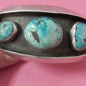 VINTAGE MODERNIST SILVER & TURQUOISE CUFF BRACELET, SIGNED, BUT WHO?