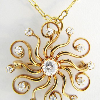 Victorian European Cut Diamond Starburst Pendant Brooch 14k - Fine Jewelry