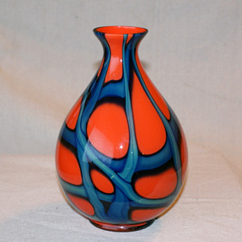 Kralik Orange and Blue/Aqua Green ball vase 8" tall - Art Glass