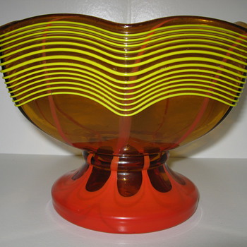 Kralik Amber glass pedestal bowl with yellow threading and red flame decor - Art Glass