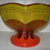 Kralik Amber glass pedestal bowl with yellow threading and red flame decor