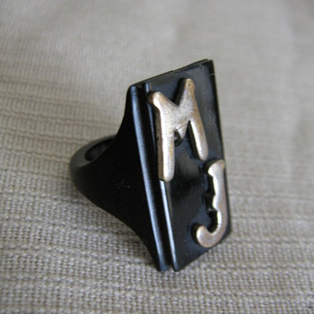 Bakelite initial MJ ring & Mariam pin - Costume Jewelry