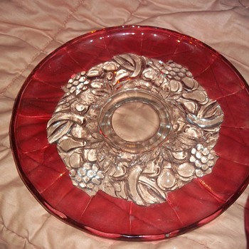 Fancy Red and clear glass serving tray - Art Glass