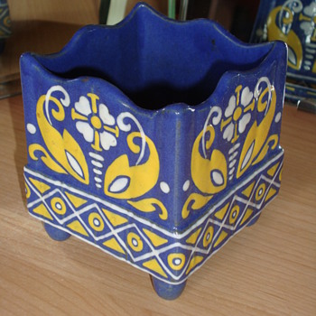 Unusual square enamel decorated ceramic vase Swedish? - Art Nouveau