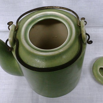 Green Pottery 5" teapot w Wire Bail and 2 Holed Lid????Origin?