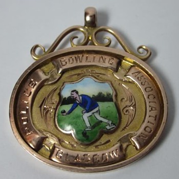 1934 Lawn Bowls Trophy Fob 10K Gold & Handpainted Porcelain  - Pocket Watches