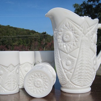 Pressed Milk Glass Pitcher and tumblers - Glassware