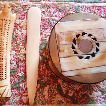 Eskimo Walrus Ivory box, cribbage bd., and knife or?  How old? - Native American