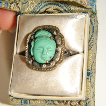 Antique Chinese Carved Turquoise Quan Yin Etched Silver Ring W/Orig Box