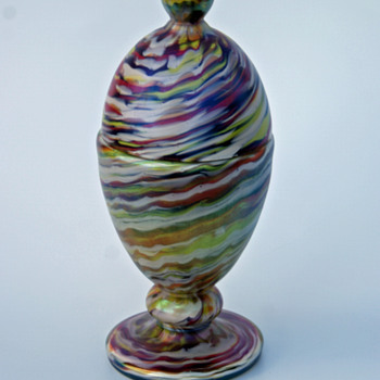 Welz iridescent swirl /marbled egg shaped lidded candy jar - Art Glass