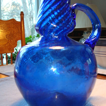 Blue blown glass jug   SOME INFO IF ANYONE KNOWS ANYTHING - Glassware