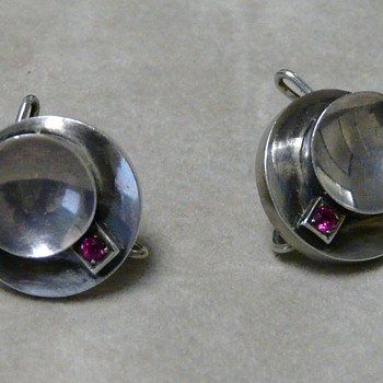 Circa 50s sterling silver and ruby earrings with unusual "clip"