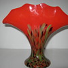 Czechoslovakia Glass Red Tango fan vase with green and amethyst spattered base Kralik Art Deco 1930's