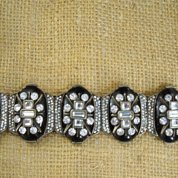 Vintage? Art Deco Black Lucite Rhinestone Bracelet - Costume Jewelry