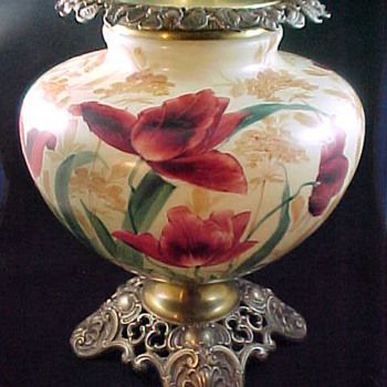 Victorian Era P&A Plume and Atwood Hand Painted Glass Red Flowers Electrified Parlor Lamp - Lamps