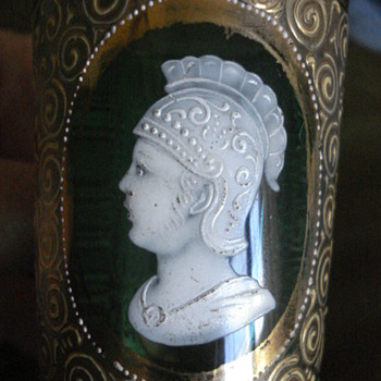 Small Mary Gregory emerald cup unusual figure - Art Glass