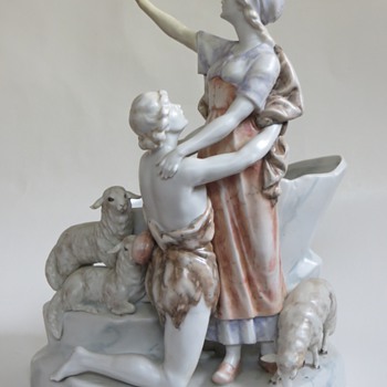 Antique German Porcelian Woman w/adoring Shepherd~Romantic, Kronach? - Art Nouveau