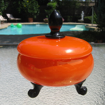 Czechoslovakia Iridescent Orange Tango applied scrolled feet and finial Ruckl Ca. 1925 1930 - Art Glass