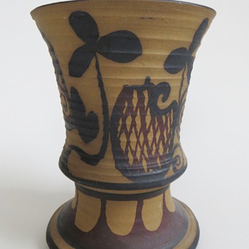 Pottery Vase, Unglazed Exterior w/Folk? Painted Design~Nice, Unknown, Signature