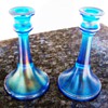 Northwood Stretch Glass Sapphire Blue Trumpet Candle Stick Holders