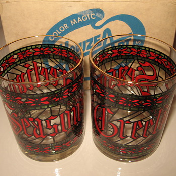 Houze Art vintage Season Greetings or Happy Holidays "stained glass" tumblers - Glassware
