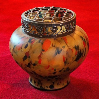 Spatter Glass Vase with Flower Frog - Art Glass