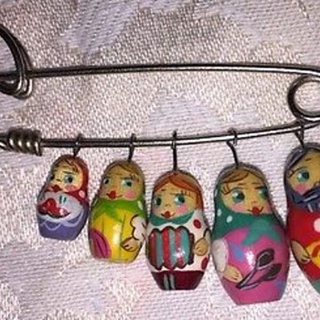 Vintage Russian Nestling Matryoshka Hand Carved and Hand Painted Brooch - Fine Jewelry