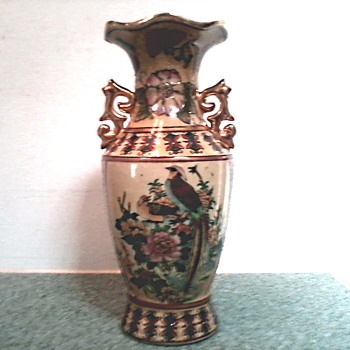 Chinese Hand Painted "Satsuma" Style Moriage Vase with Gilded Handles / Circa 1920 - 1930's