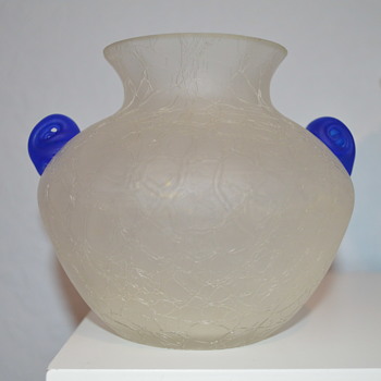 Textured glass vase with cobalt blue handles - Art Glass