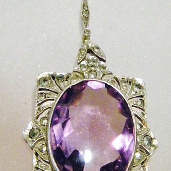 Antique Amethyst Marcasite Sterling Lavaliere Pendant Germany - Fine Jewelry