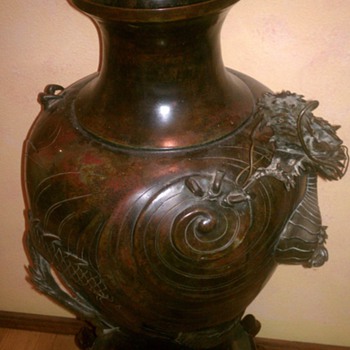 Large Old Bronze Asian Dragon Vase 