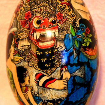 Indian Painted Wooden Egg Godhead and Blue Monkey Diety - Asian