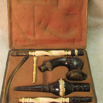 Incredible Long Stemmed Antique Pipe Ivory Wood and Horn with MOP Inlay - Tobacciana
