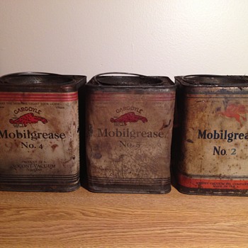 Greasy, Rusty, Dented Gargoyle Mobilgrease Cans - Petroliana