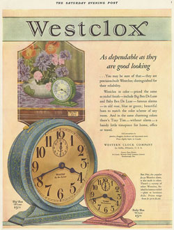 Advertisement: Illustrates crackle green Tiny Tim, crackle blue Big Ben and crackle pink Baby Ben clocks Illustrates crackle green Tiny Tim, crackle blue Big Ben and crackle pink Baby Ben clocks